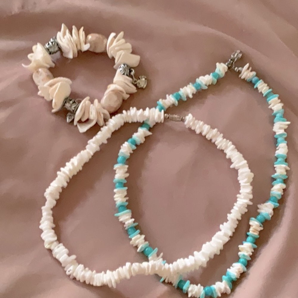 2 shell necklaces and bracelets